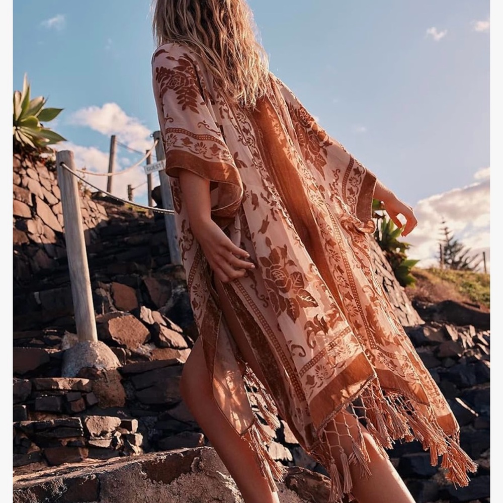 WeHello Women's Burnout Velvet Long Kimono With Tassels in “Sand”